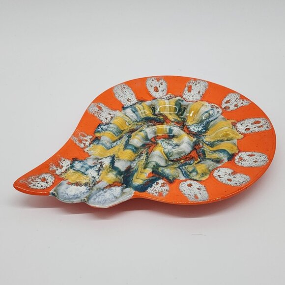 Retro Hand Painted Ceramic Organic Shell Shaped Ashtray Orange Yellow